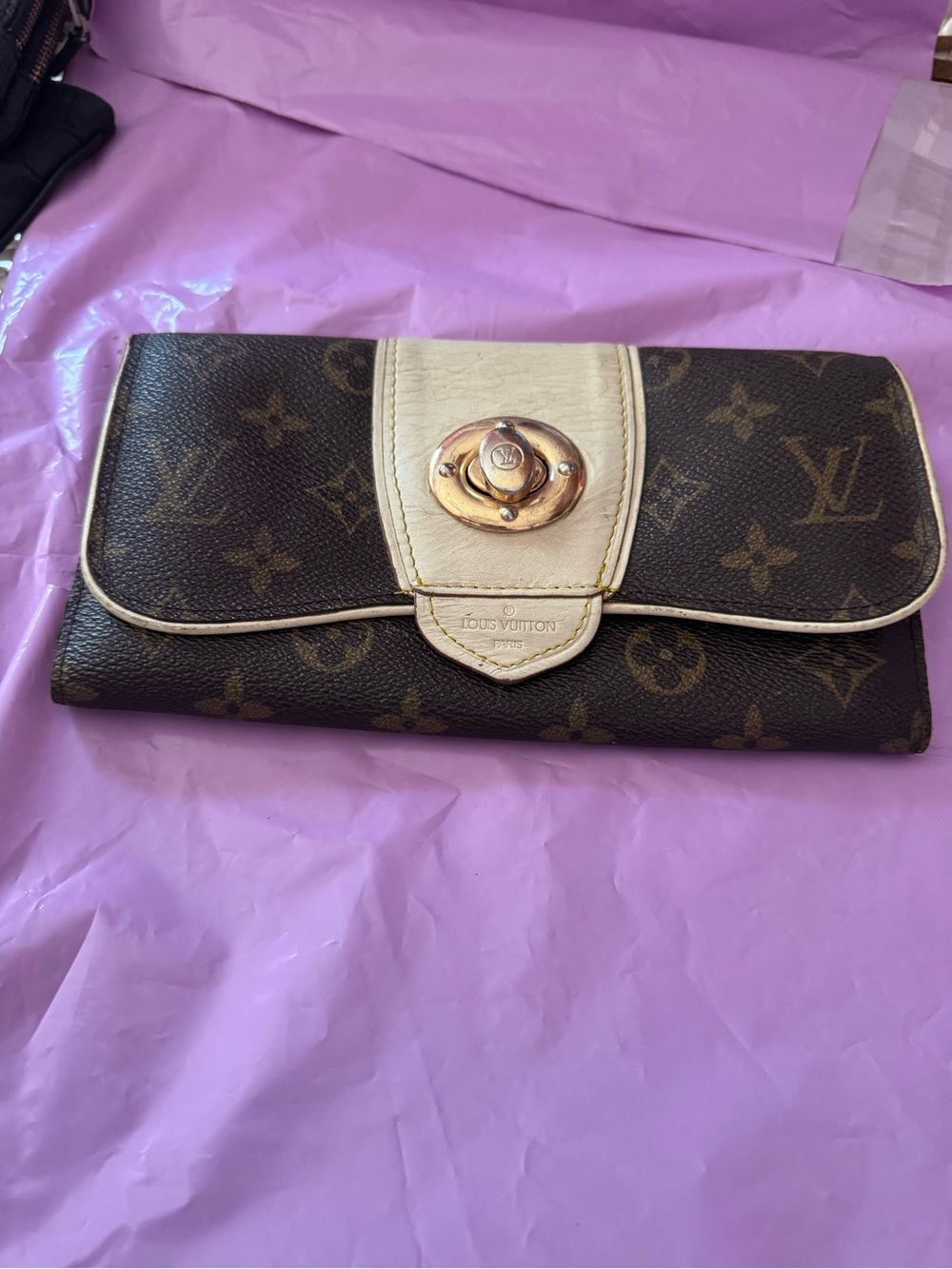Louis Vuitton Monogram Canvas Wallet with Cream Trim and Gold Hardware